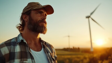 Obraz premium A bearded man gazes thoughtfully towards wind turbines as golden sunlight bathes the scene, symbolizing sustainability and a deep connection with nature and renewable energy.