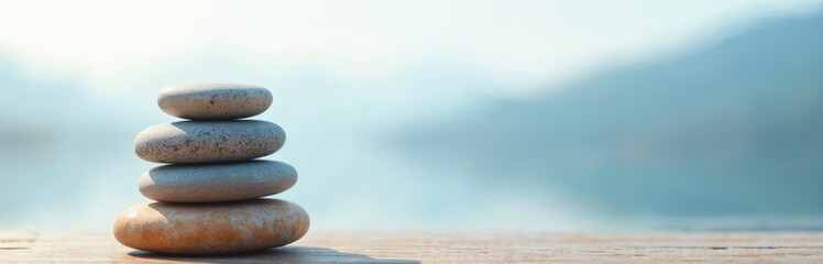 Stack of zen stones balance on wooden table at blurred water background. Stones tower symbolizing harmony, meditation, well-being. Ideal photo for zen, yoga, spa, wellness, lifestyle concepts.