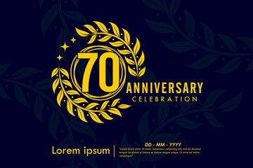 70th years anniversary celebration emblem. congratulations anniversary yellow logo with laurel wreath and stars on dark background. vector illustration template design for web	