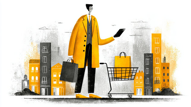 E-commerce: Businessman holding shopping cart icon and data exchanges representing secure connection on city background, online transactions, digital storefronts, payment gateways.