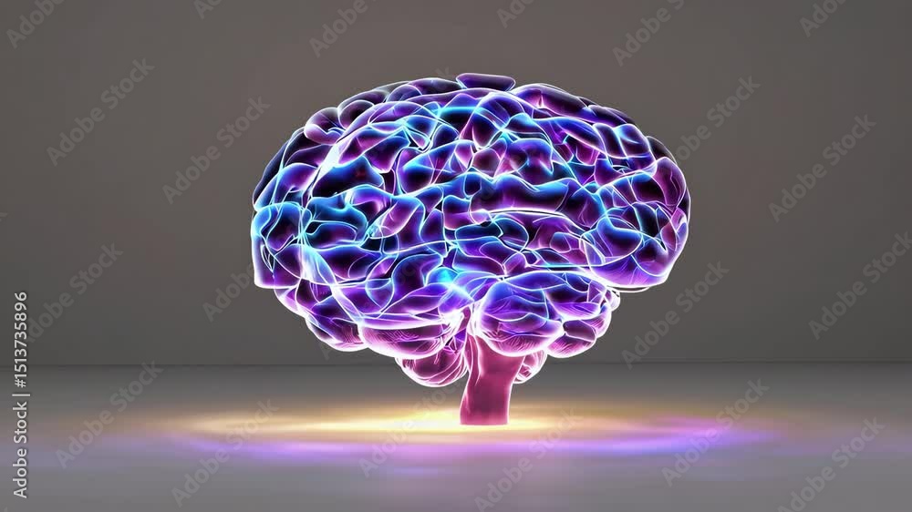 Poster glowing neon brain hologram with dynamic light pulses in futuristic setting