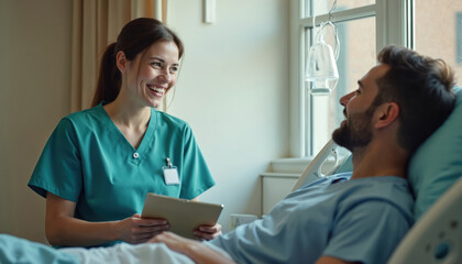 Obraz premium Friendly nurse consults male patient in hospital. Smiling nurse listens patient, provides support and care in medical room. Health care, treatment, recovery concept.