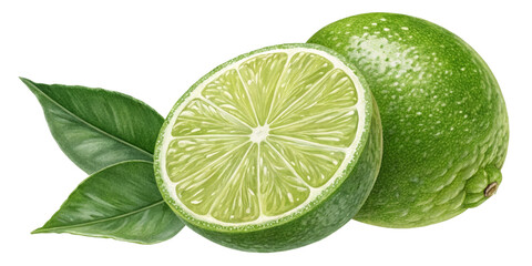 Lime Watercolor Illustration Halved Lime with Leaves, Isolated on Transparent Background, Lime Fruit, Citrus, lime, watercolor, illustration