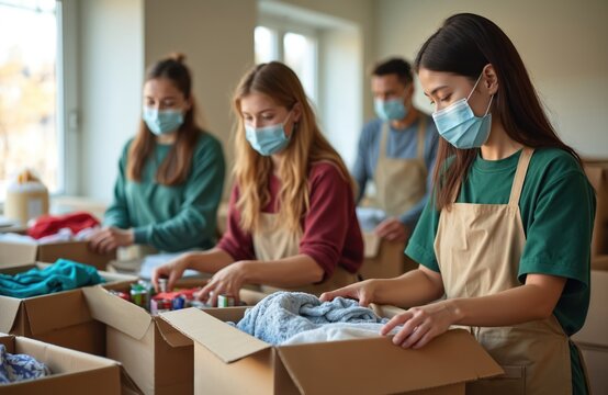 Group volunteers wearing face masks pack donations in charity center. Diverse team volunteers work sorting items for in need. Social aid during pandemic. Community service, mutual assistance,