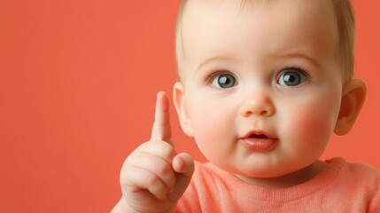 Cute Baby Girl Pointing Finger Coral Background, Baby, Infant