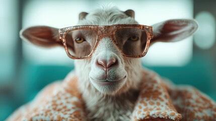 A whimsical image of a relaxed goat wearing stylish glasses and a cozy blanket, portraying a light-hearted, humorous take on domestic life and the concept of leisure and comfort.