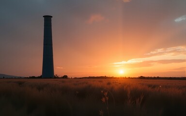 Tall Dark Tower at Sunset Over a Field of Grass. High quality