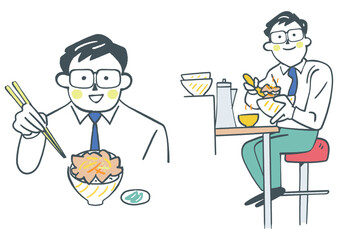 いただきます　牛丼屋さんでおいしそうに牛丼を食べるビジネスパーソン　セットのストックイラスト素材
