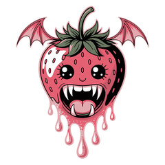 A whimsical strawberry character features bat wings, fangs, and an expressive face, blending elements of cuteness and horror.