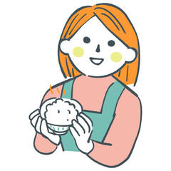 いただきます　炊き立てご飯をよそったお茶碗を持つ主婦　ストックイラスト素材
