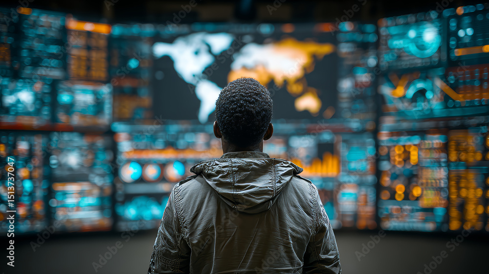 Poster digitization: businessman holding virtual interface panel of digital device on global networking, au