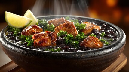 Fototapeta premium Delicious Black Beans with Tender Meat and Fresh Kale in a Rustic Bowl