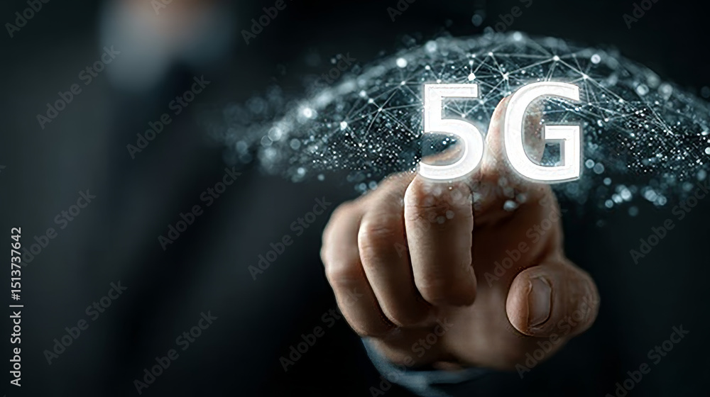 Aufkleber 5g technology: businessman holding virtual interface panel of digital device on global networking, c