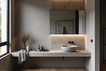 Modern Minimalist Bathroom Sink – Concrete Countertop with Black Fixtures, 3D Rendering

