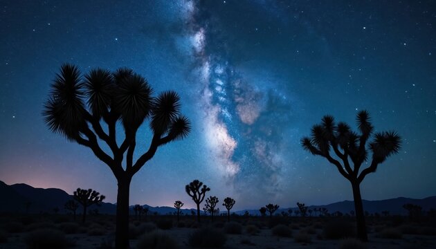 Joshua trees silhouettes stand against night sky. Milky Way galaxy shines, stars illuminate desert landscape. Cosmic scene evokes wonder, adventure. Majestic nature, travel, exploration.