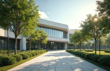 Modern hospital exterior featuring glass facade, rich green landscaping. Contemporary medical building design with trees sky, sun. Health care center with walking path. Modern architecture creates