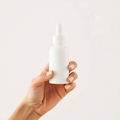 Elegant Earth Tones A Serum Bottle Mockup held by a Hand with manicured nails