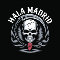 Fototapeta premium Hala Madrid Gothic T-Shirt Design – Scythe, Wings & Candle Tribute Graphic
