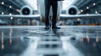 Fototapeta premium A businessman stands confidently in an aircraft hangar, highlighting the connection between aviation and commerce, set against a backdrop of impressive engineering marvels.