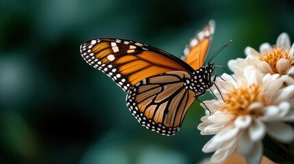 Fototapeta premium A vivid monarch butterfly resting delicately on a blooming flower, epitomizing the beauty of nature, growth, and the intricate relationships found in the ecosystem.