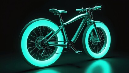 Fototapeta premium Futuristic bike illustration in turquoise neon glow against black background. Innovative electric vehicle design for eco-conscious urban mobility. Modern transport concept.
