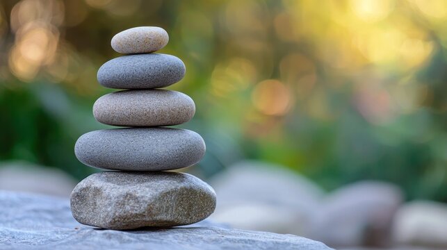A stack of five stones on a rock with a blurred green background.