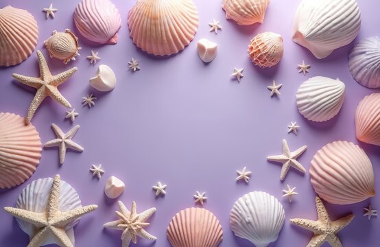Seashells and starfish on a soft purple background. Assorted marine life, decorative seashells collection. Oceanic, beach theme design for vacation, travel, nature, or marine concept.