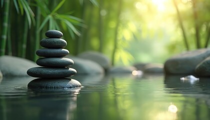 Zen stones balance in water, peaceful scene spa relaxation. Bamboo background evokes tranquility. Wellness, meditation, nature. Perfect for massage therapy promotion travel tourism.