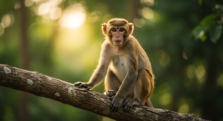 Fototapeta premium Rhesus macaque sitting on tree branch with green forest background and sunlight
