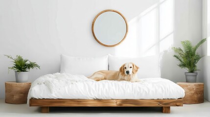 A serene golden retriever comfortably resting on a soft, inviting bed in a modern room, symbolizing comfort, companionship, and the warmth of home life.