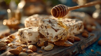 Delicious nougat with nuts and honey drizzled on top on rustic wooden board in soft light