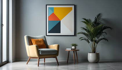 A frame on background wall, a sofa, armchair with plant,  living room interior design lifestyle. 