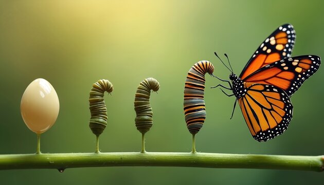 Monarch butterfly life cycle stages egg, pupa, butterfly. Transformation from egg to, chrysalis, finally winged insect. Scientific development process, biological natural phenomenon, metamorphosis in