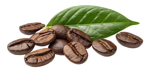 Obraz premium Roasted Coffee Beans with Leaf, Isolated on Transparent Background, High-Resolution Image, Coffee, Beans, Leaf