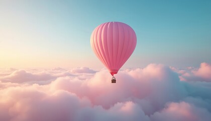 Obraz premium Pink hot air balloon floats above soft fluffy clouds in clear blue sky during sunrise. Aerial dreamy scene depicts peacefulness, tranquility, journey, freedom, travel experience.
