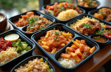 Group of delicious take away dishes in black plastic containers on wooden table. Various dishes rice, vegetables, meat, salmon. Healthy food, lunch concept. Ready meal packed to go.