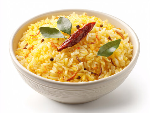 Fragrant Rice Delight: A close-up shot presents a culinary masterpiece—aromatic yellow rice artfully arranged in a ceramic bowl, garnished with fresh leaves and a vibrant chili.