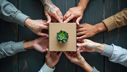 Hands surround cardboard box with succulent. Teamwork, collaboration concept. Green plant in kraft box symbolize growth, sustainability. Concept of support, eco-friendly business. Top view on wooden