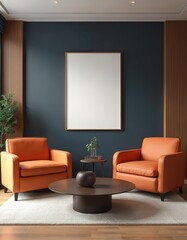 Modern office interior features orange armchairs, wooden coffee table, framed mockup art. Interior design concept. Minimalist stylish living room apartment. Empty art canvas on wall for design