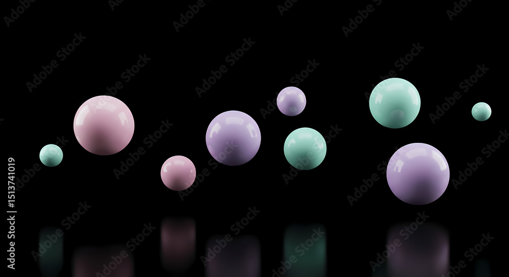 Aufkleber Pastel-colored spheres float against a black background creating an abstract design perfect for branding or website backgrounds.