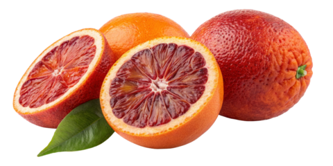 Three Blood Oranges with Leaf, Isolated on Transparent Background, Citrus Fruit, Healthy Food, Blood orange, fruit, food