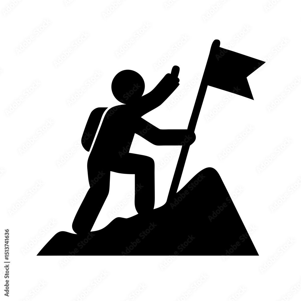 Poster silhouette mountain climb with flag on transparent background for web and graphic design