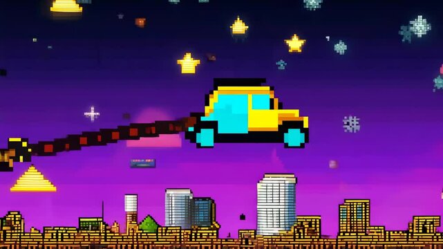 Flying pixel art car above city skyline with stars and snowflakes in night sky retro video game background
