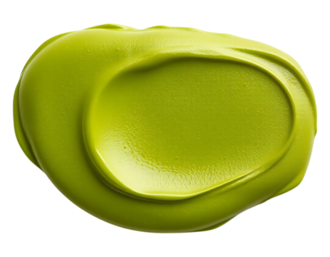 Closeup of a smooth glossy and swirled olive green paint blob
