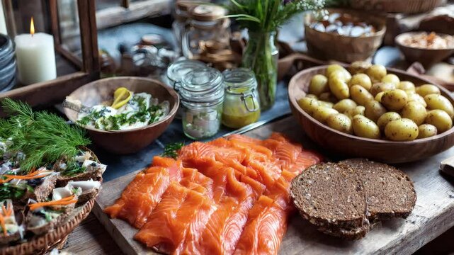 A smorgasbord featuring various dishes: smoked salmon, potatoes, herring salad, and open-faced sandwiches on a wooden table. (zoom out)