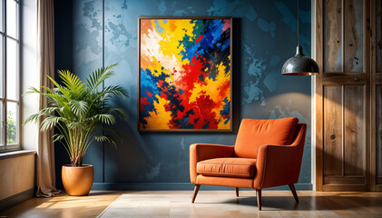 A frame on background wall, a sofa, armchair with plant,  living room interior design lifestyle. 