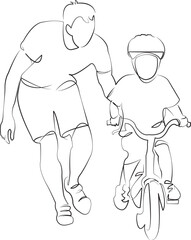 One continuous line drawing on white isolated background. Minimalism linear illustration. father, child, person, learning, son, boy, male, family, bicycle, teaching