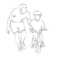 One continuous line drawing on white isolated background. Minimalism linear illustration. father, child, person, learning, son, boy, male, family, bicycle, teaching