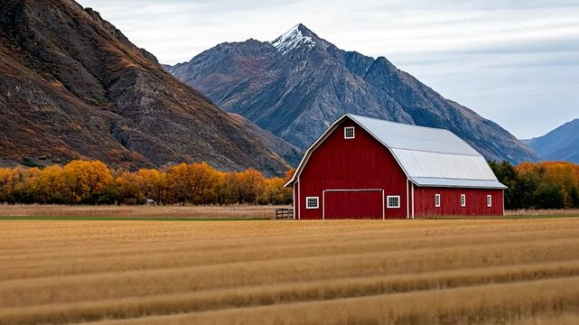 Red barn in countryside with mountains nature landscape farmland architecture