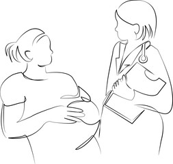 One continuous line drawing on white isolated background. Minimalism linear illustration. doctor, hospital, patient, care, pregnant, obstetrician, indoor, medical clinic, medicine